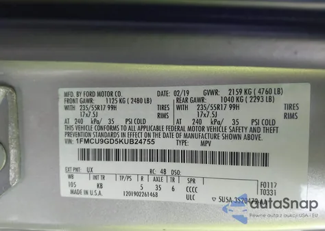 2019 Ford Escape Se z USA, uszkodzony, nr VIN 1FMCU9GD5KUB24755